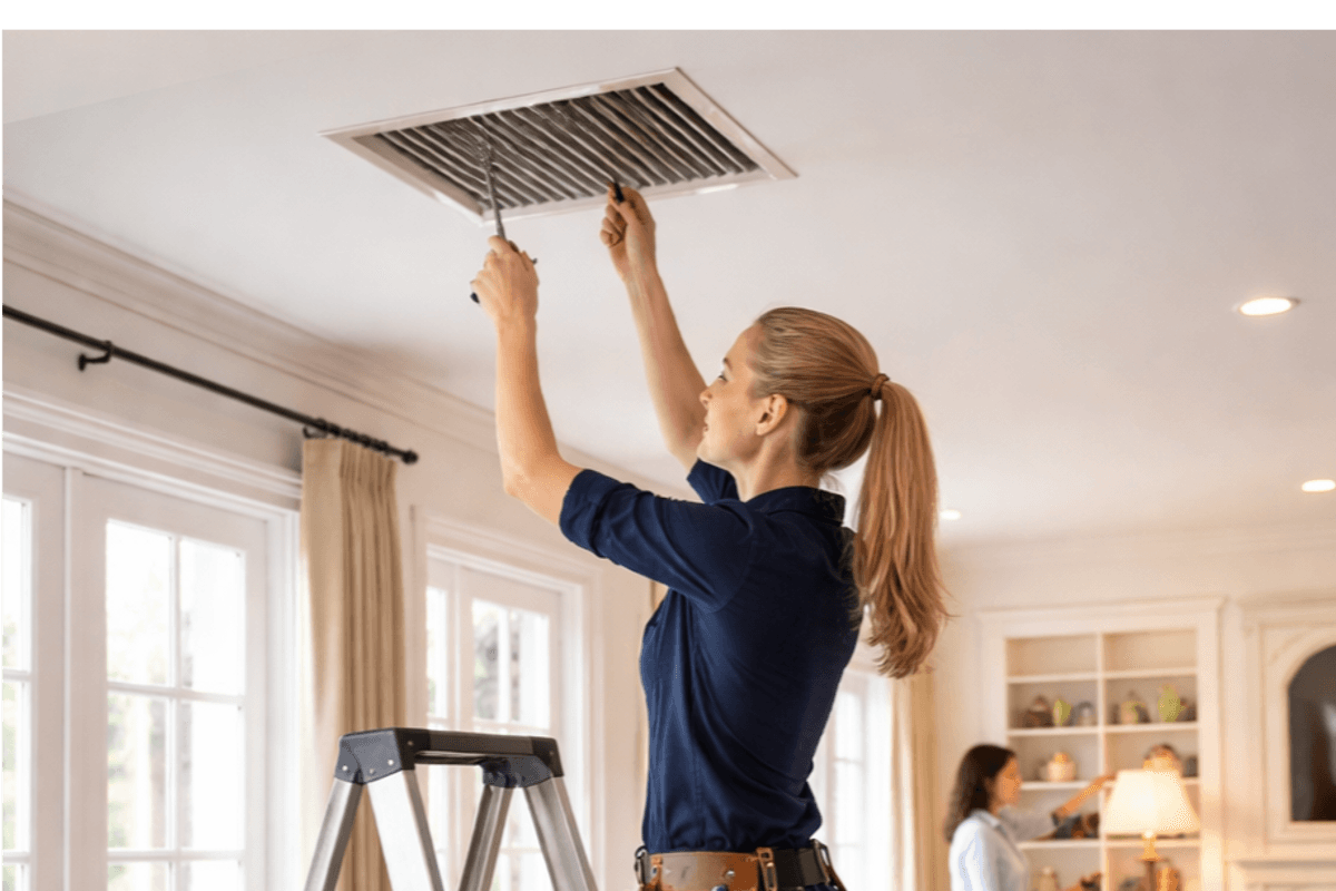 Handywoman on a step ladder inspecting a ceiling vent in a bright, welcoming home